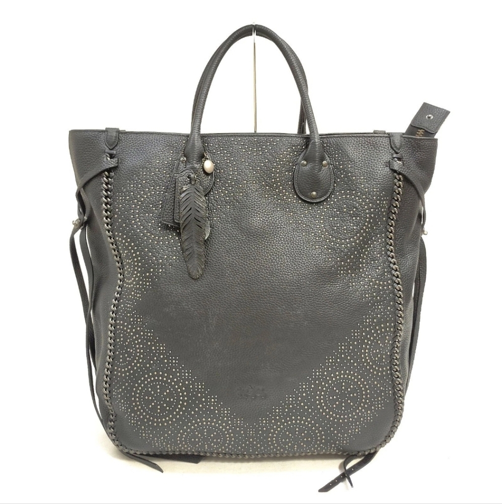 COACH Tatum Studded Tall Tote Handbag Black Pebble Leather.